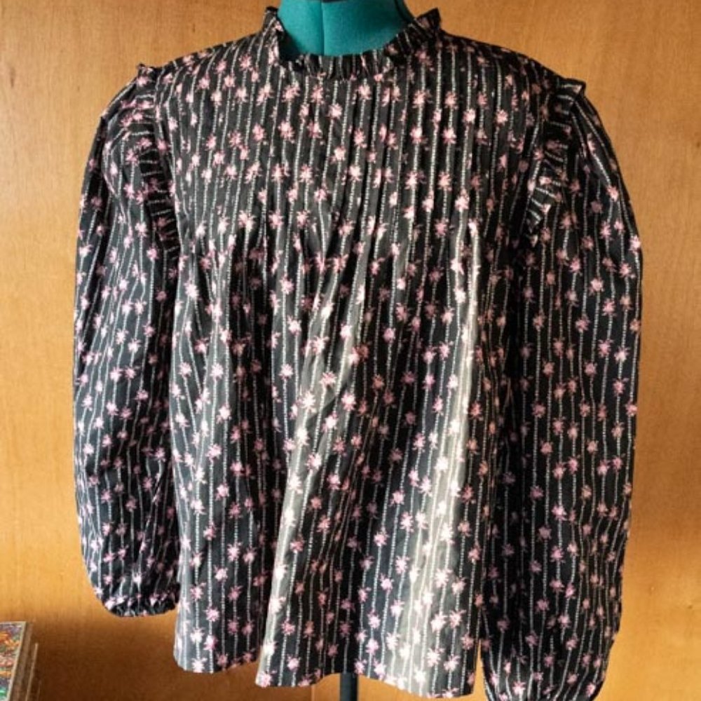 WAYF 100% Cotton Black w Pink Flowers Paesant Blouse womens 1X